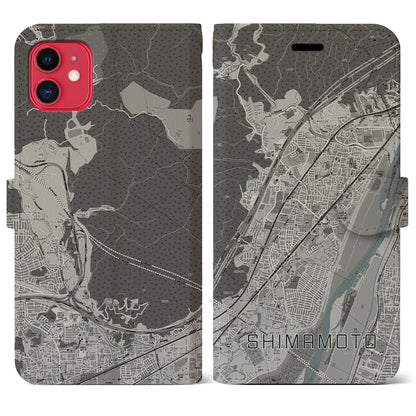 【島本（大阪府）】地図柄iPhoneケース（手帳タイプ）モノトーン・iPhone 11 用