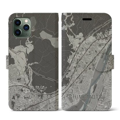【島本（大阪府）】地図柄iPhoneケース（手帳タイプ）モノトーン・iPhone 11 Pro 用