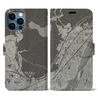 【島本（大阪府）】地図柄iPhoneケース（手帳タイプ）モノトーン・iPhone 12 / 12 Pro 用