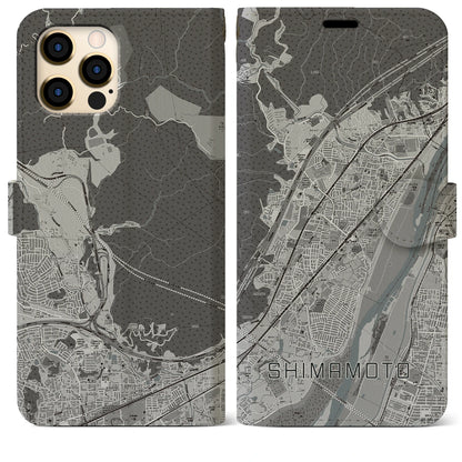 【島本（大阪府）】地図柄iPhoneケース（手帳タイプ）モノトーン・iPhone 12 Pro Max 用