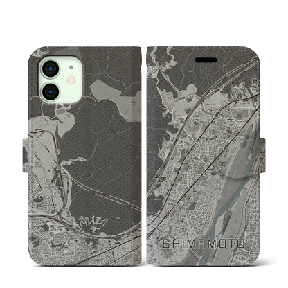 【島本（大阪府）】地図柄iPhoneケース（手帳タイプ）モノトーン・iPhone 12 mini 用