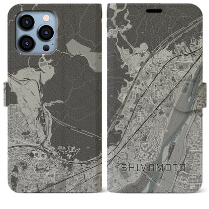 【島本（大阪府）】地図柄iPhoneケース（手帳タイプ）モノトーン・iPhone 13 Pro Max 用