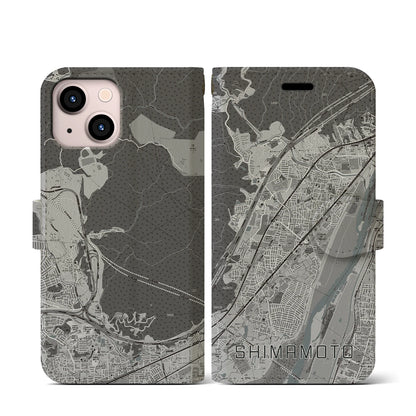 【島本（大阪府）】地図柄iPhoneケース（手帳タイプ）モノトーン・iPhone 13 mini 用