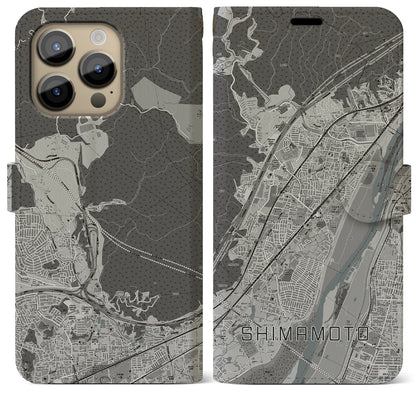 【島本（大阪府）】地図柄iPhoneケース（手帳タイプ）モノトーン・iPhone 14 Pro Max 用