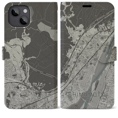 【島本（大阪府）】地図柄iPhoneケース（手帳タイプ）モノトーン・iPhone 14 Plus 用