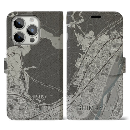 【島本（大阪府）】地図柄iPhoneケース（手帳タイプ）モノトーン・iPhone 15 Pro 用