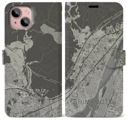 【島本（大阪府）】地図柄iPhoneケース（手帳タイプ）モノトーン・iPhone 15 Plus 用