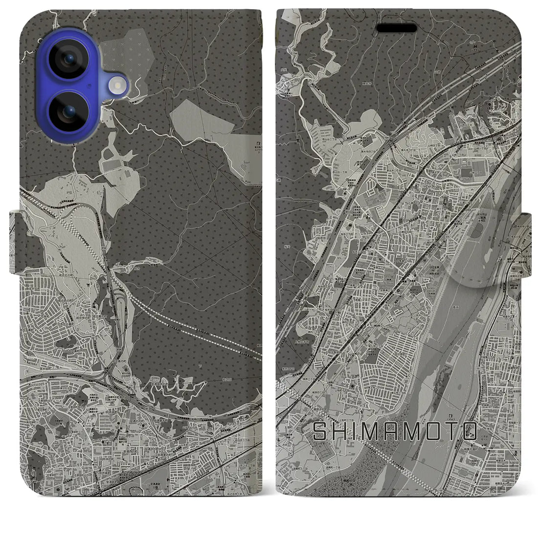 【島本(大阪府)】地図柄iPhoneケース(手帳タイプ)モノトーン・iPhone 16 Pro Max 用