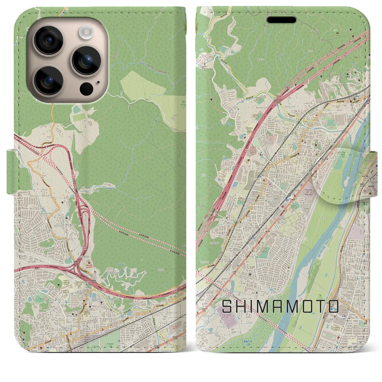 【島本（大阪府）】地図柄iPhoneケース（手帳タイプ）ナチュラル・iPhone 16 Plus 用