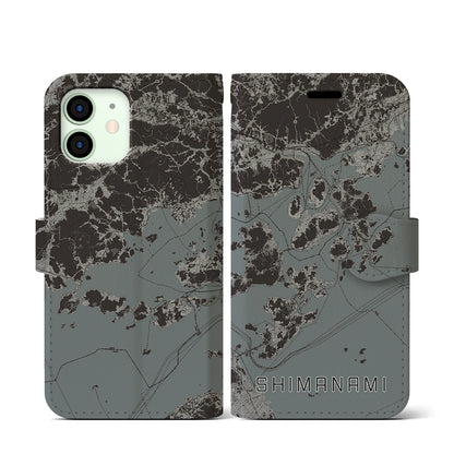【しまなみ2（広島県）】地図柄iPhoneケース（手帳タイプ）モノトーン・iPhone 12 mini 用