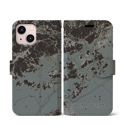 【しまなみ2（広島県）】地図柄iPhoneケース（手帳タイプ）モノトーン・iPhone 13 mini 用