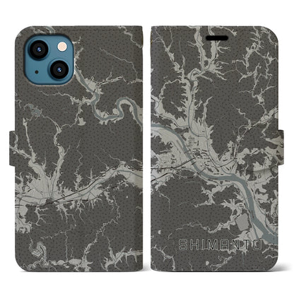 【四万十（高知県）】地図柄iPhoneケース（手帳タイプ）モノトーン・iPhone 13 用