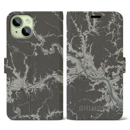 【四万十（高知県）】地図柄iPhoneケース（手帳タイプ）モノトーン・iPhone 15 用