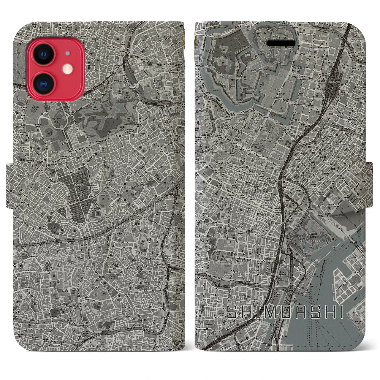 【新橋（東京都）】地図柄iPhoneケース（手帳タイプ）モノトーン・iPhone 11 用