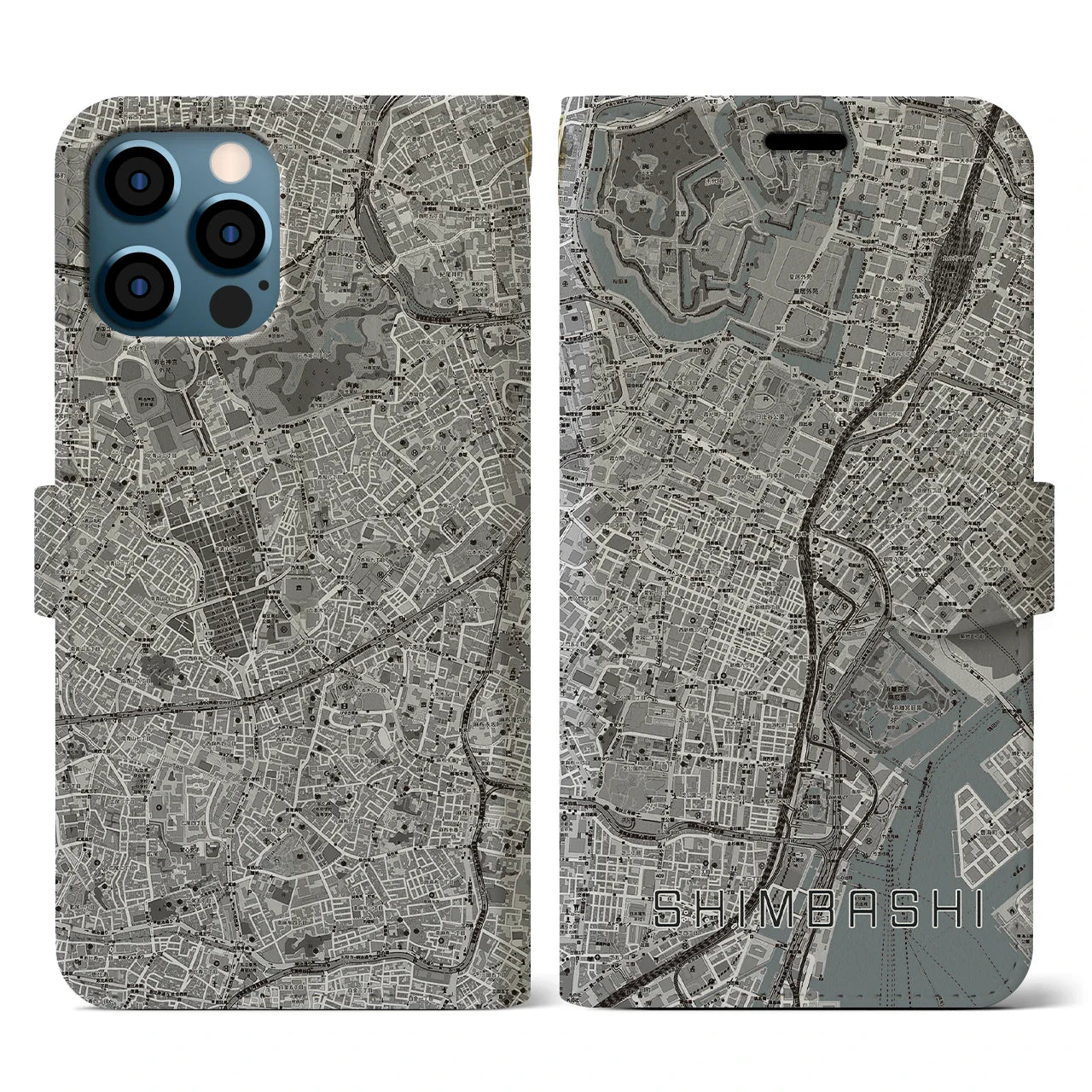 【新橋（東京都）】地図柄iPhoneケース（手帳タイプ）モノトーン・iPhone 12 / 12 Pro 用