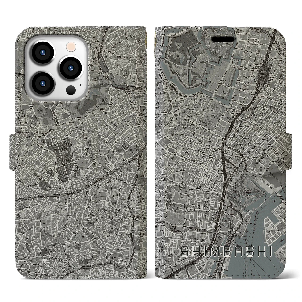 【新橋（東京都）】地図柄iPhoneケース（手帳タイプ）モノトーン・iPhone 13 Pro 用