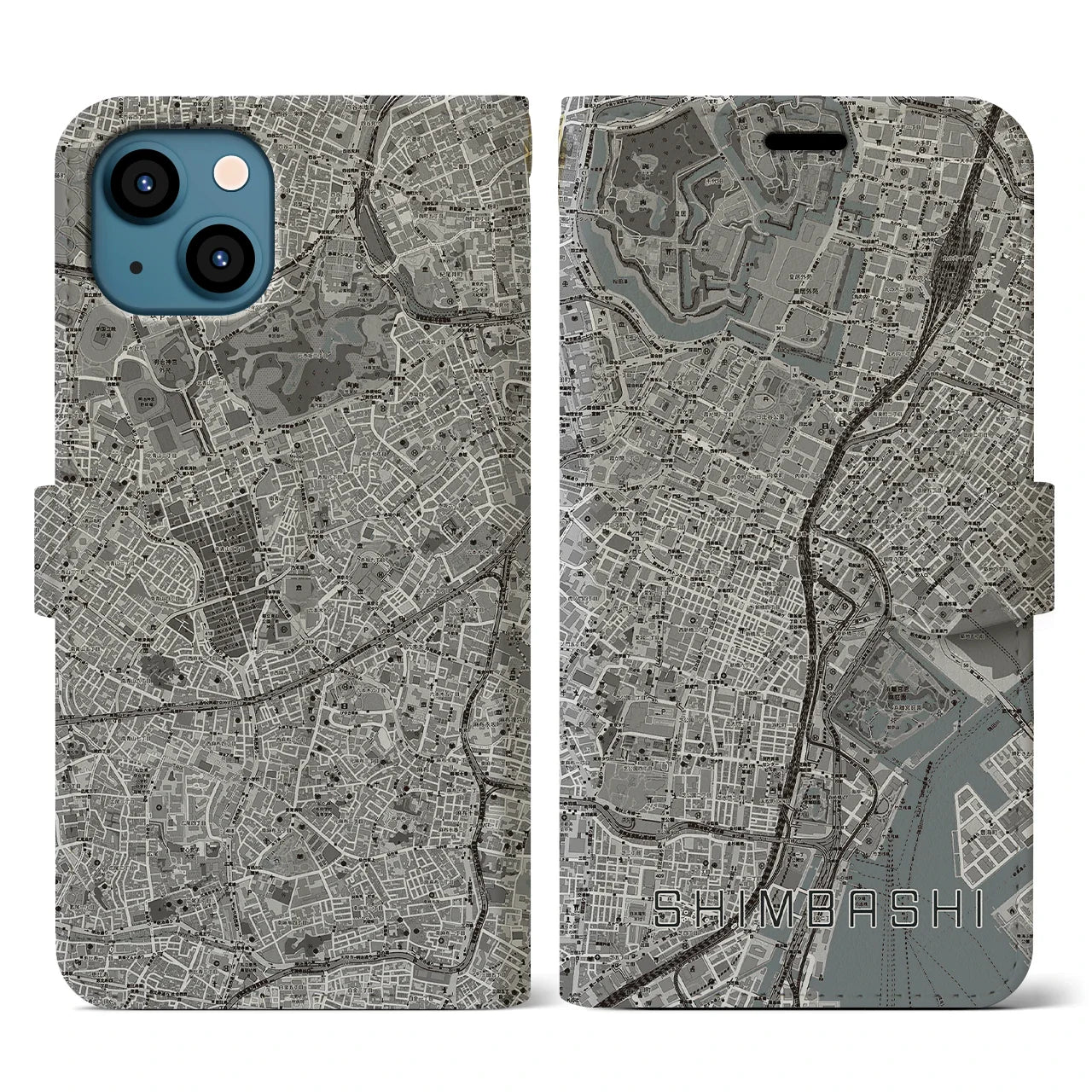 【新橋（東京都）】地図柄iPhoneケース（手帳タイプ）モノトーン・iPhone 13 用