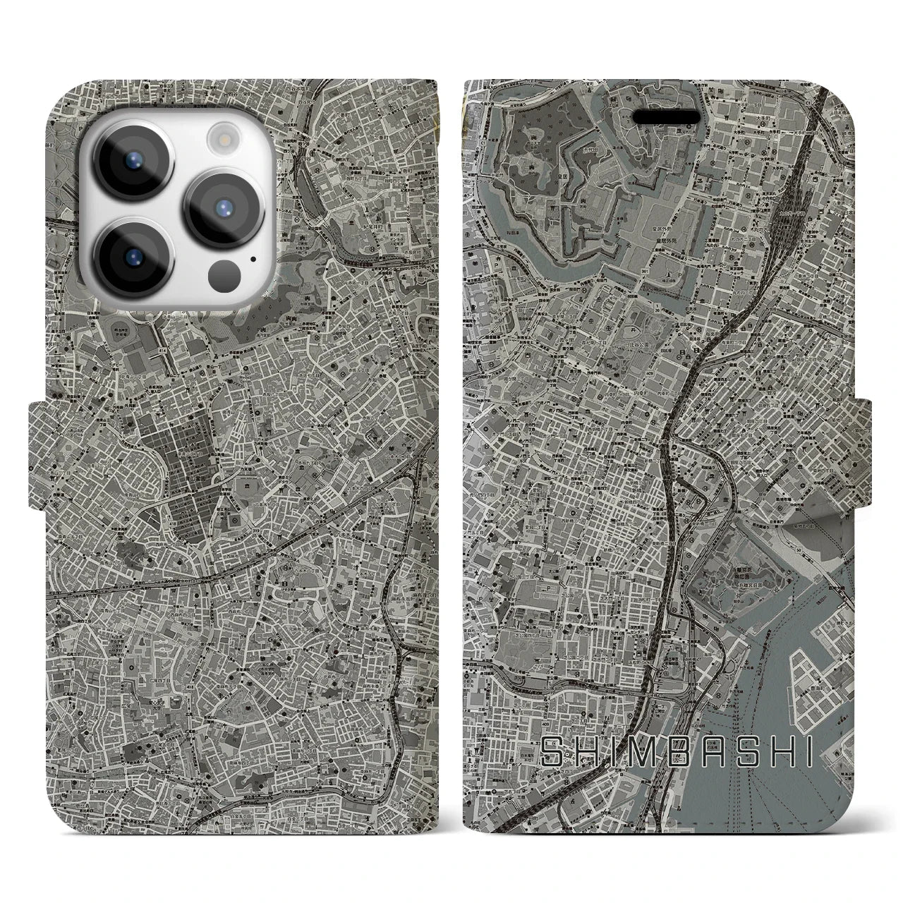 【新橋（東京都）】地図柄iPhoneケース（手帳タイプ）モノトーン・iPhone 14 Pro 用