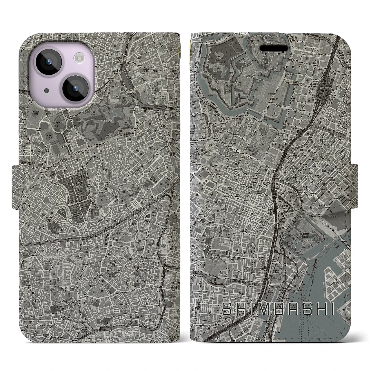 【新橋（東京都）】地図柄iPhoneケース（手帳タイプ）モノトーン・iPhone 14 用