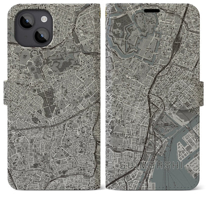 【新橋（東京都）】地図柄iPhoneケース（手帳タイプ）モノトーン・iPhone 14 Plus 用