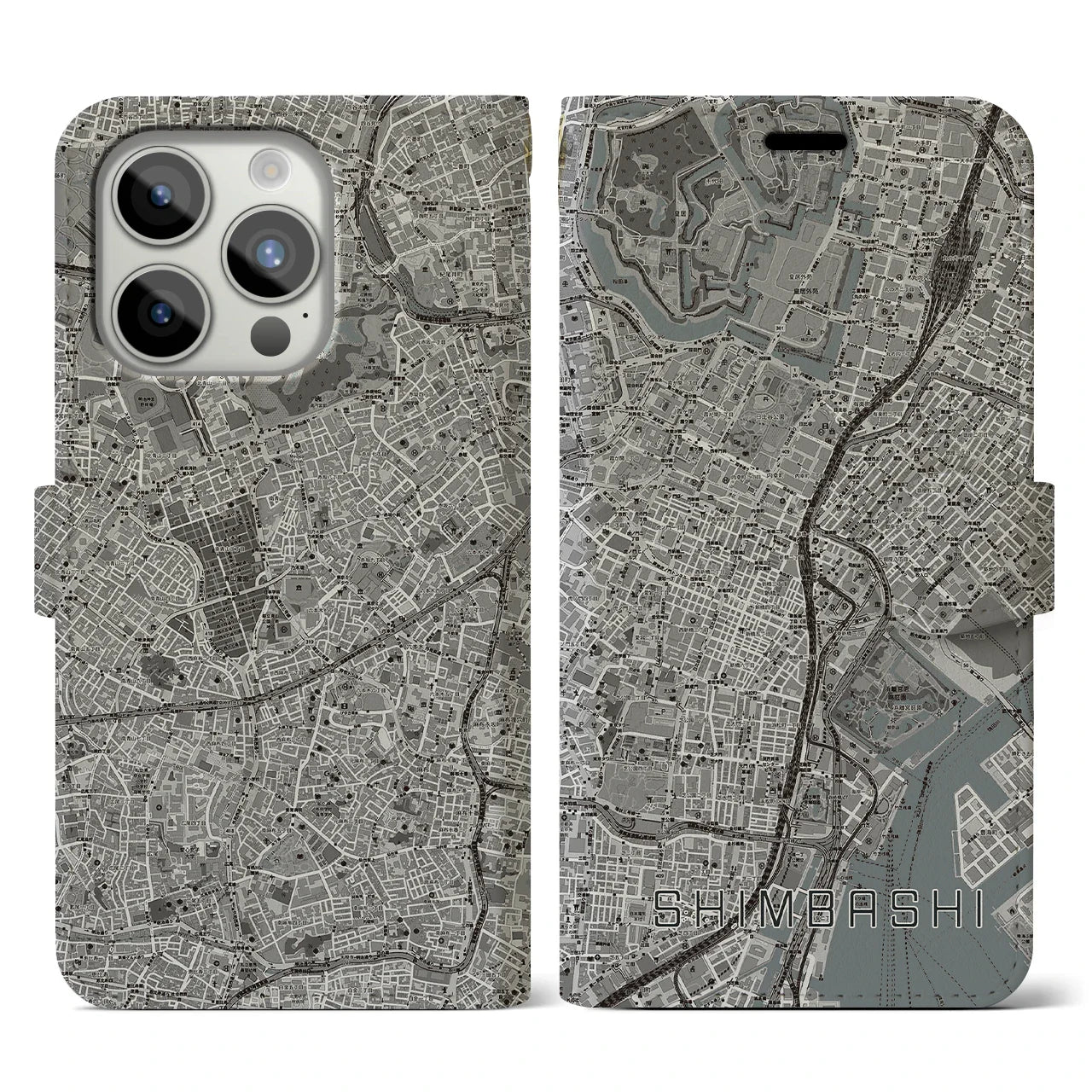 【新橋（東京都）】地図柄iPhoneケース（手帳タイプ）モノトーン・iPhone 15 Pro 用