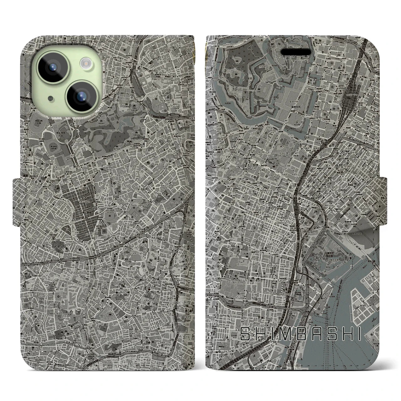 【新橋（東京都）】地図柄iPhoneケース（手帳タイプ）モノトーン・iPhone 15 用