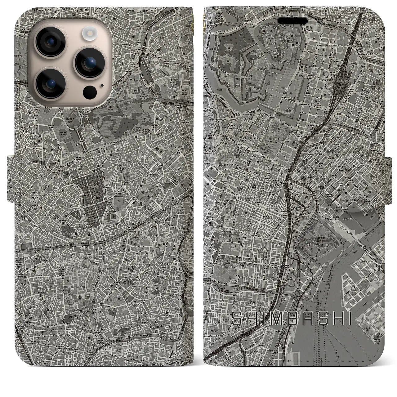 【新橋（東京都）】地図柄iPhoneケース（手帳タイプ）モノトーン・iPhone 16 Plus 用