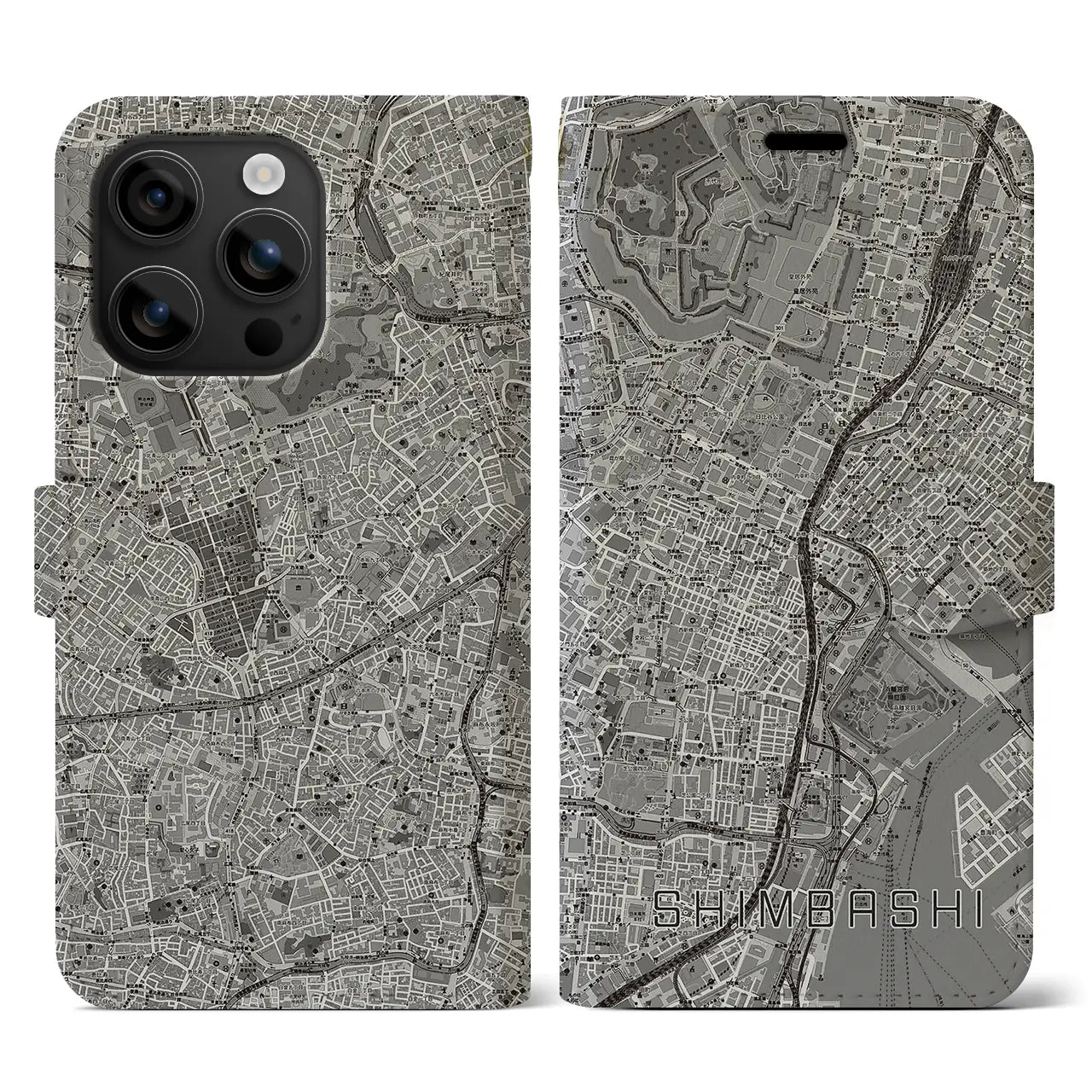 【新橋（東京都）】地図柄iPhoneケース（手帳タイプ）モノトーン・iPhone 16 用