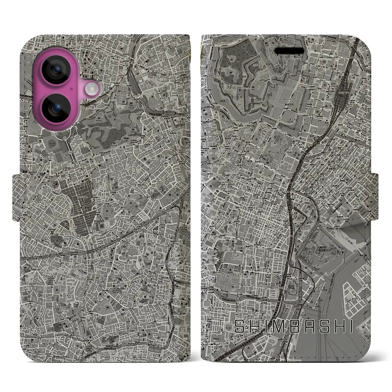 【新橋（東京都）】地図柄iPhoneケース（手帳タイプ）モノトーン・iPhone 16 Pro 用