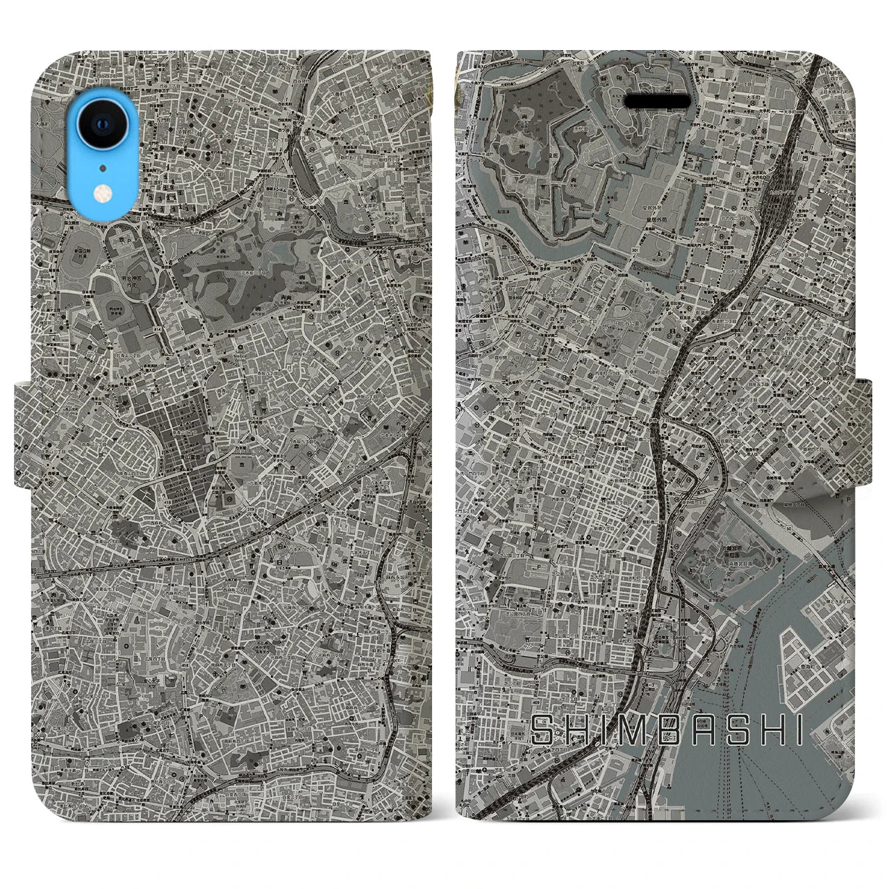 【新橋（東京都）】地図柄iPhoneケース（手帳タイプ）モノトーン・iPhone XR 用