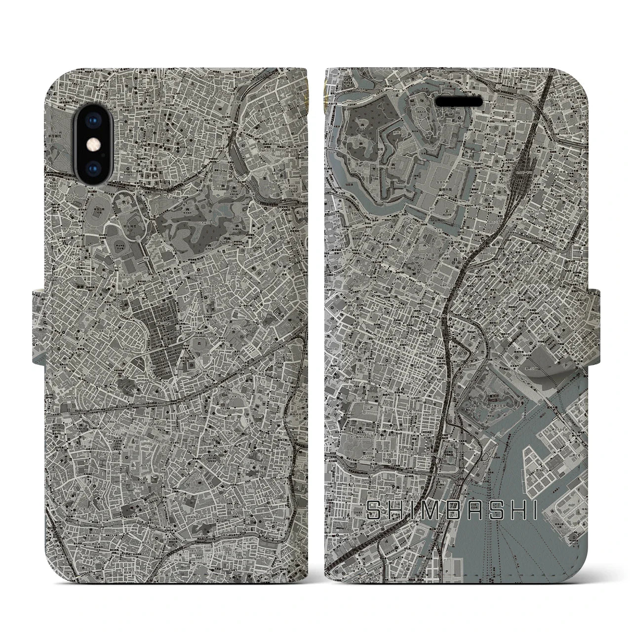 【新橋（東京都）】地図柄iPhoneケース（手帳タイプ）モノトーン・iPhone XS / X 用