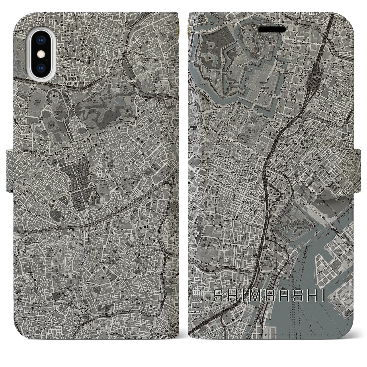 【新橋（東京都）】地図柄iPhoneケース（手帳タイプ）モノトーン・iPhone XS Max 用