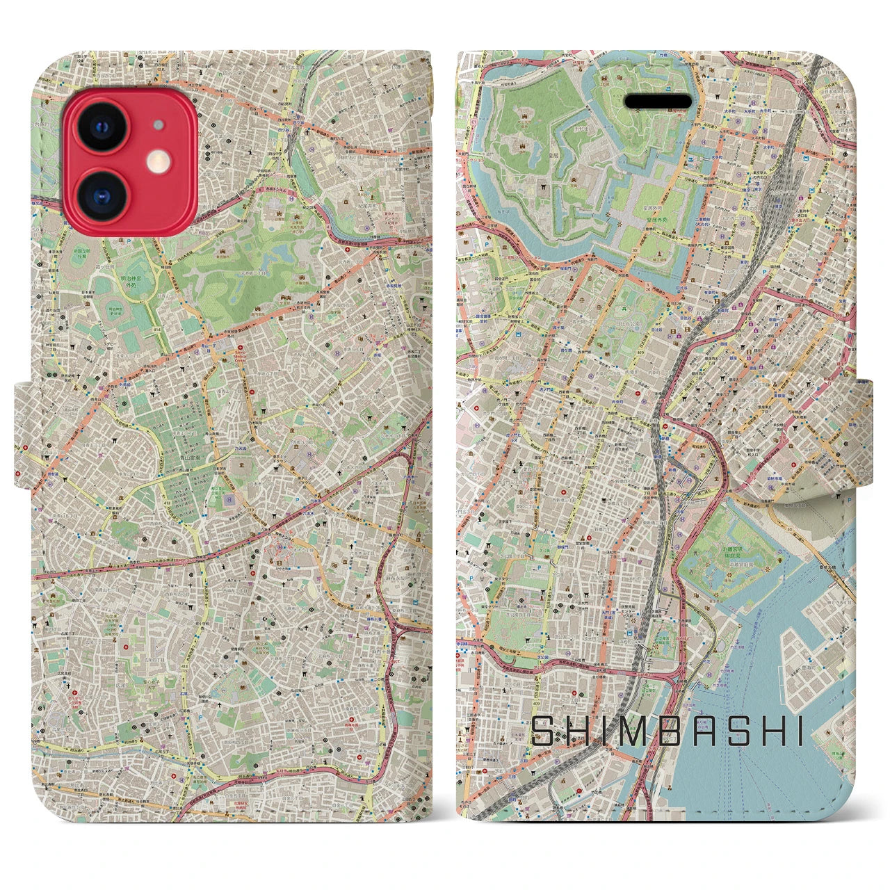【新橋】地図柄iPhoneケース（手帳両面タイプ・ナチュラル）iPhone 11 用