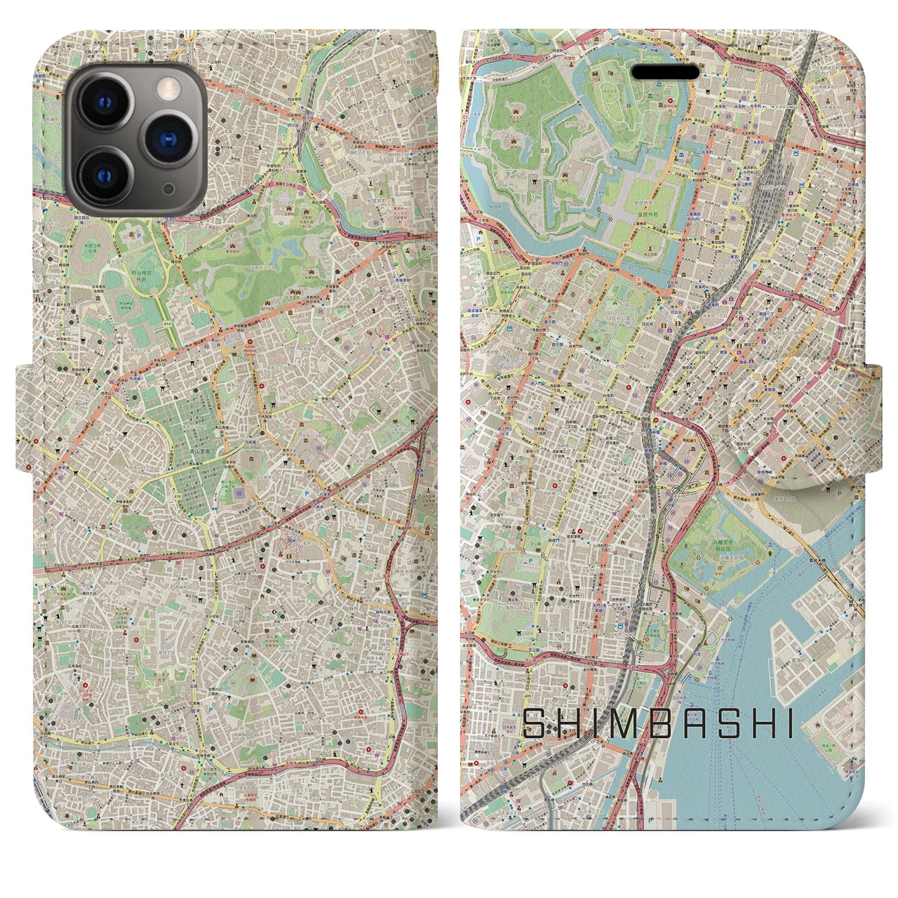 【新橋】地図柄iPhoneケース（手帳両面タイプ・ナチュラル）iPhone 11 Pro Max 用
