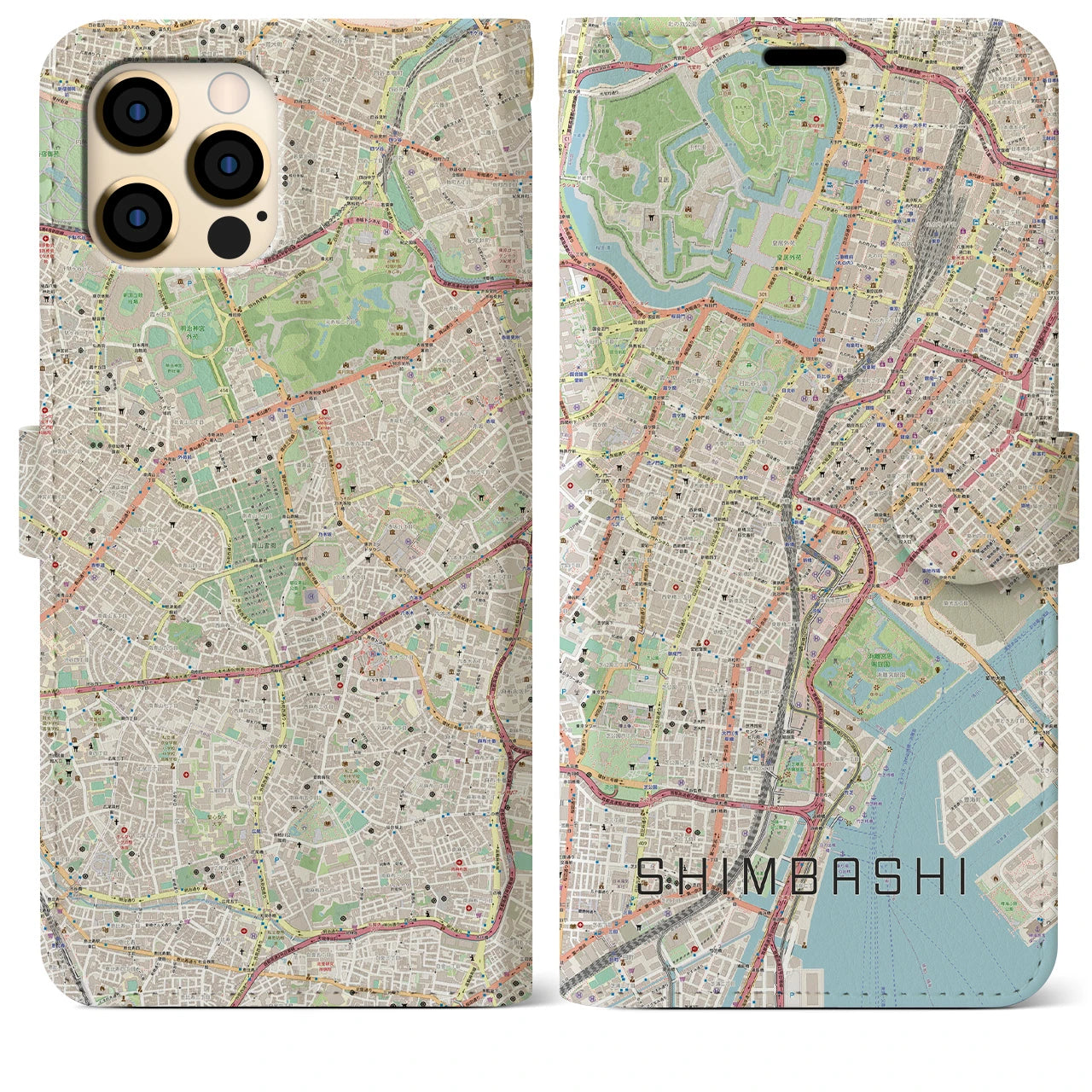 【新橋】地図柄iPhoneケース（手帳両面タイプ・ナチュラル）iPhone 12 Pro Max 用