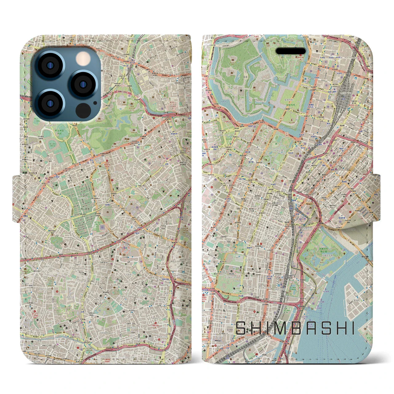 【新橋（東京都）】地図柄iPhoneケース（手帳タイプ）ナチュラル・iPhone 12 / 12 Pro 用