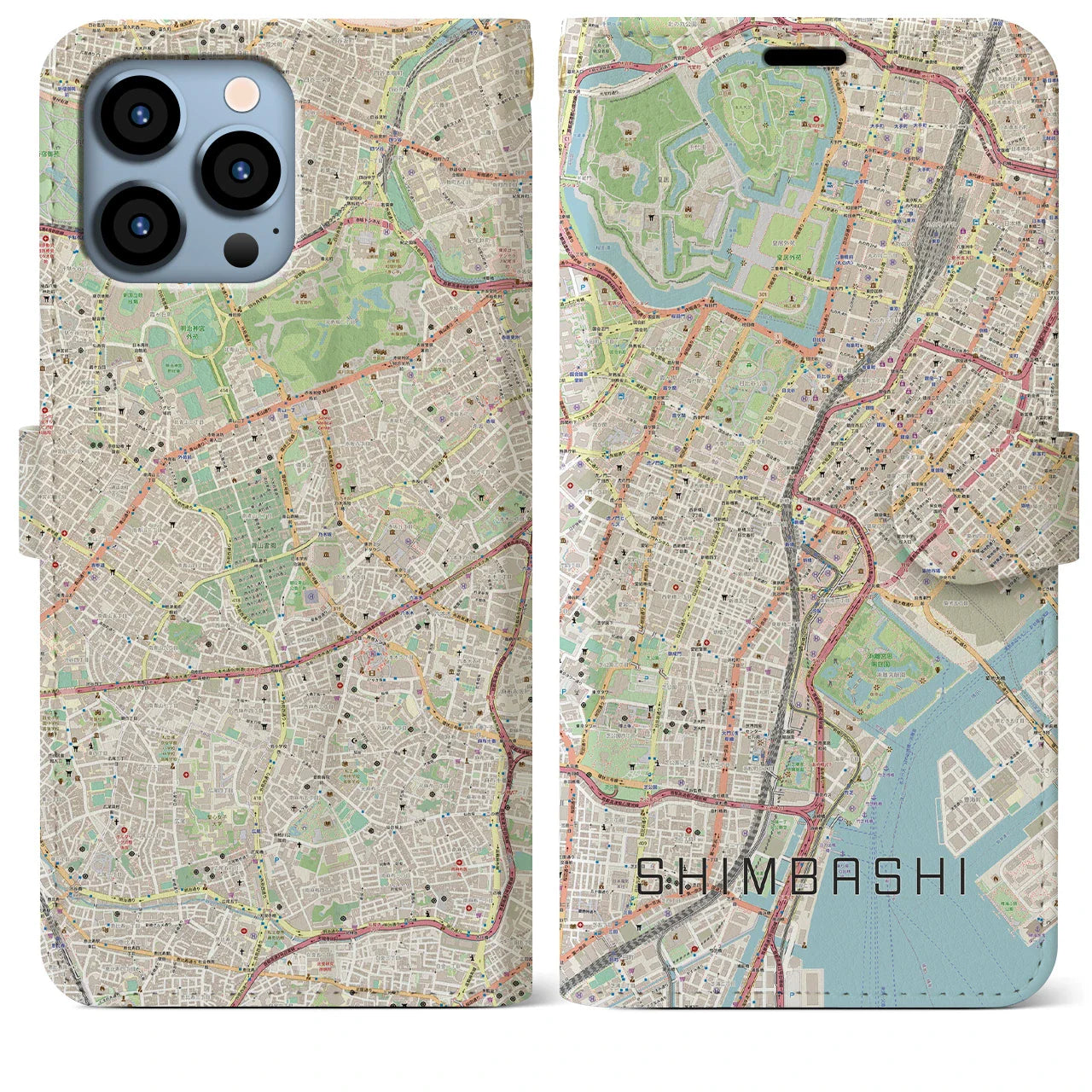 【新橋（東京都）】地図柄iPhoneケース（手帳タイプ）ナチュラル・iPhone 13 Pro Max 用