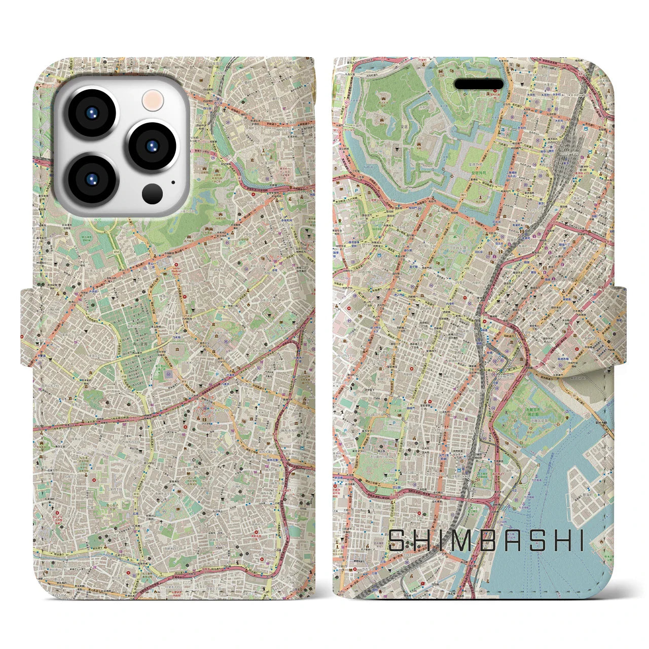 【新橋（東京都）】地図柄iPhoneケース（手帳タイプ）ナチュラル・iPhone 13 Pro 用