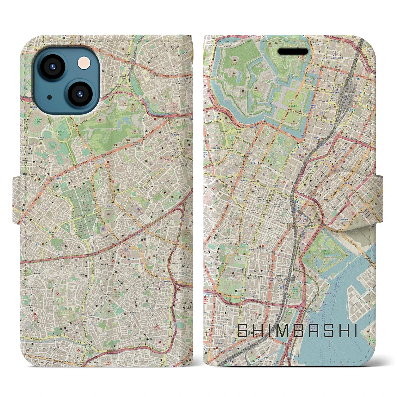 【新橋（東京都）】地図柄iPhoneケース（手帳タイプ）ナチュラル・iPhone 13 用