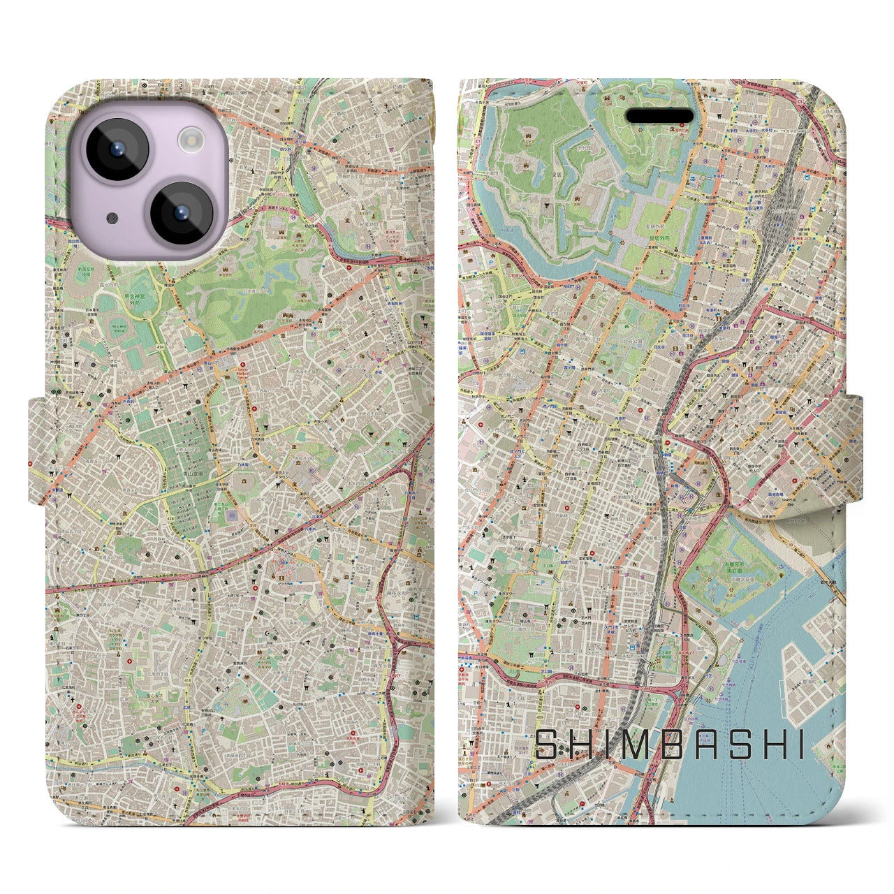 【新橋】地図柄iPhoneケース（手帳両面タイプ・ナチュラル）iPhone 14 用