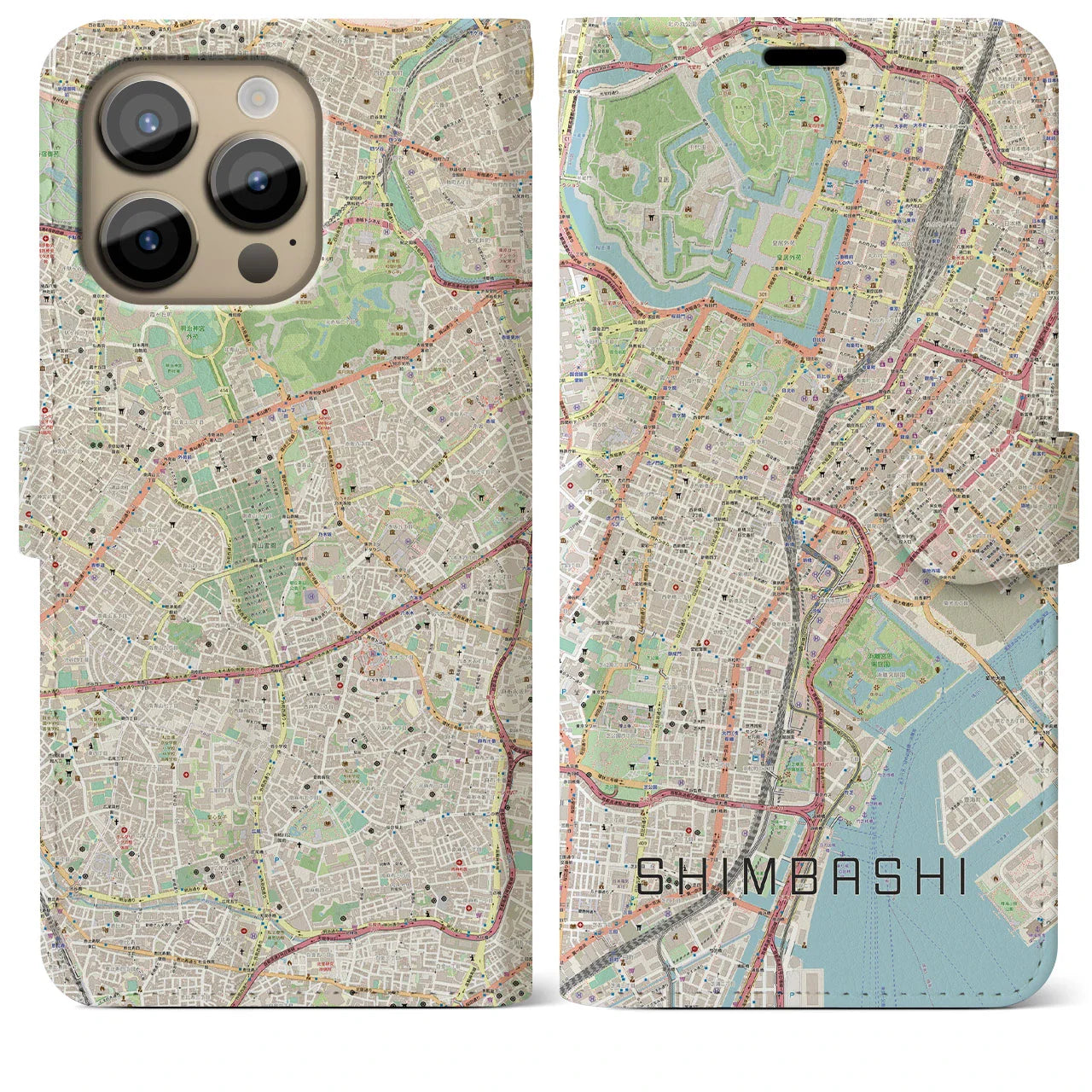 【新橋（東京都）】地図柄iPhoneケース（手帳タイプ）ナチュラル・iPhone 14 Pro Max 用