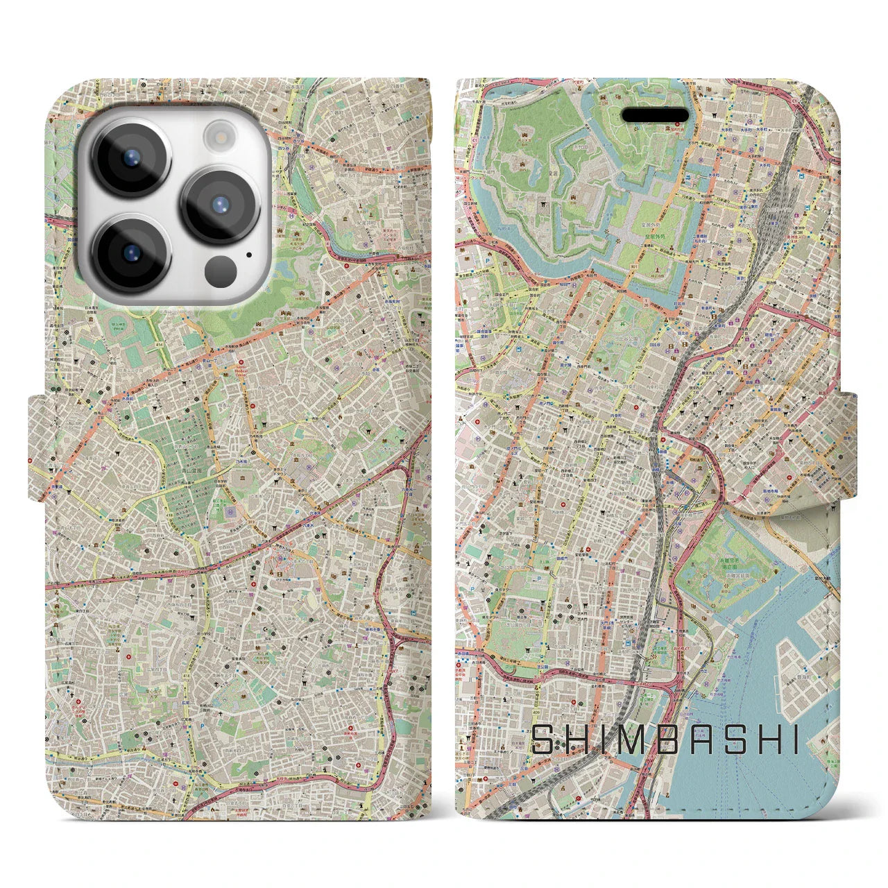 【新橋（東京都）】地図柄iPhoneケース（手帳タイプ）ナチュラル・iPhone 14 Pro 用