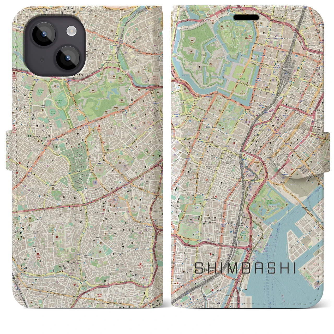 【新橋（東京都）】地図柄iPhoneケース（手帳タイプ）ナチュラル・iPhone 14 Plus 用