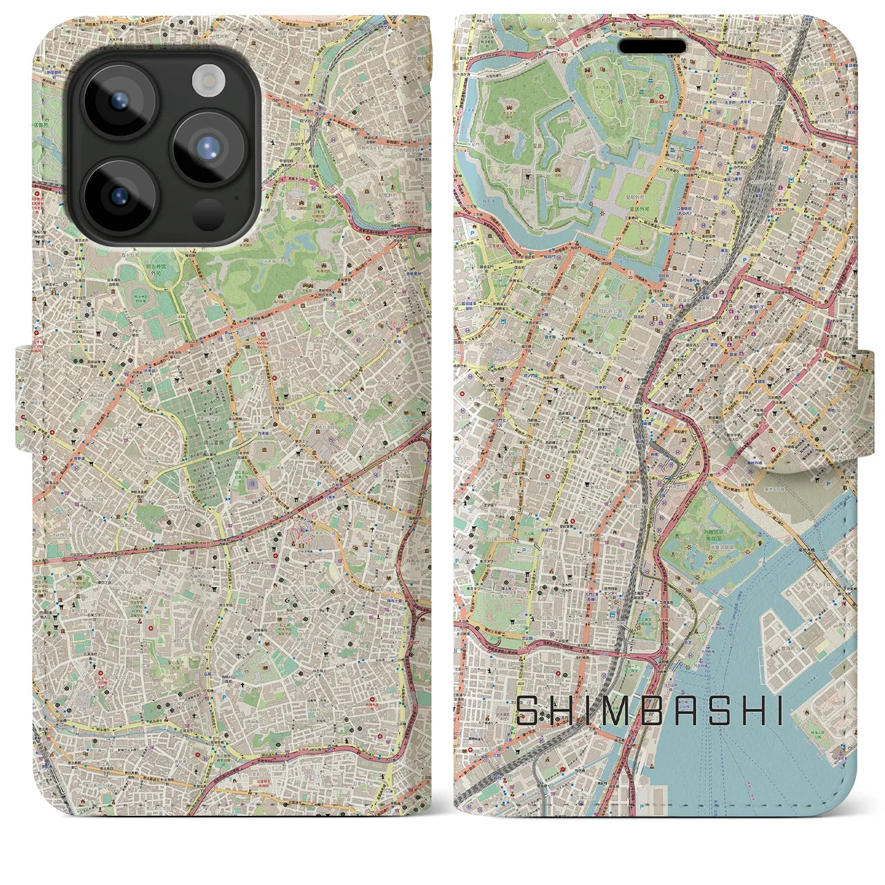 【新橋】地図柄iPhoneケース（手帳両面タイプ・ナチュラル）iPhone 15 Pro Max 用
