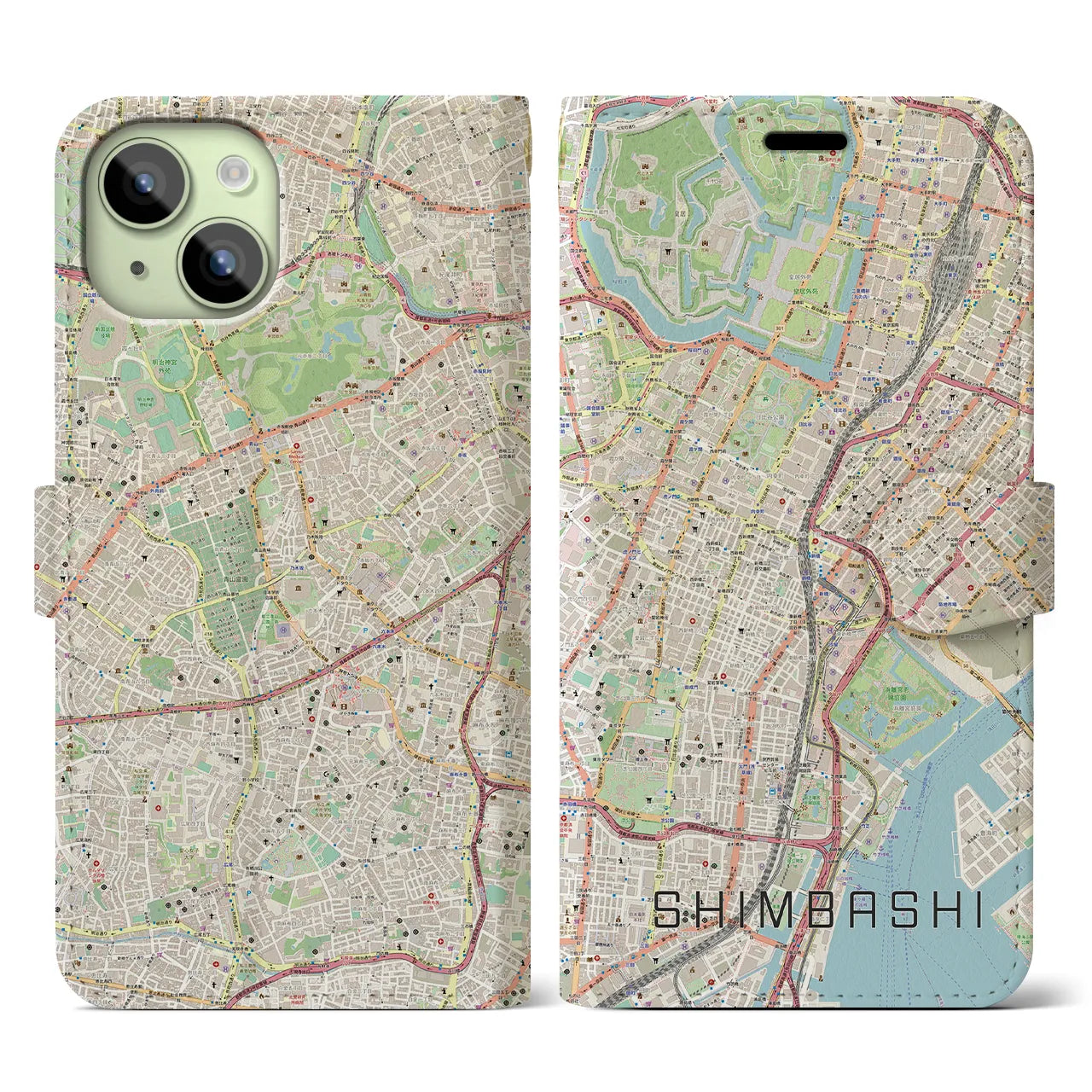 【新橋（東京都）】地図柄iPhoneケース（手帳タイプ）ナチュラル・iPhone 15 用