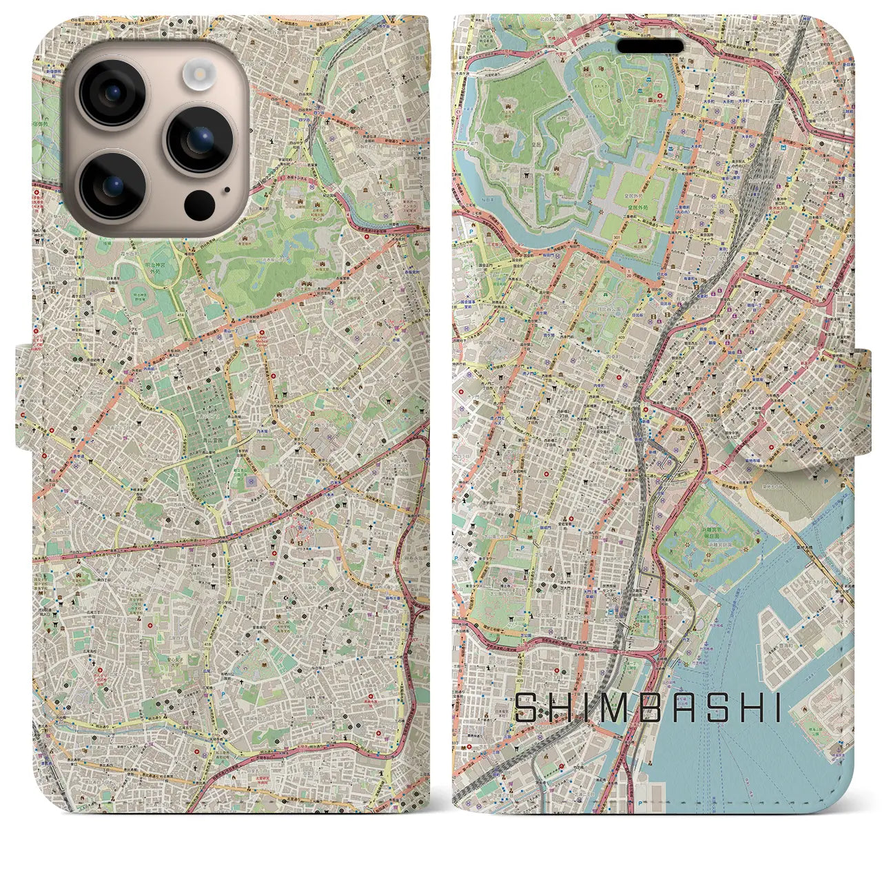 【新橋（東京都）】地図柄iPhoneケース（手帳タイプ）ナチュラル・iPhone 16 Plus 用