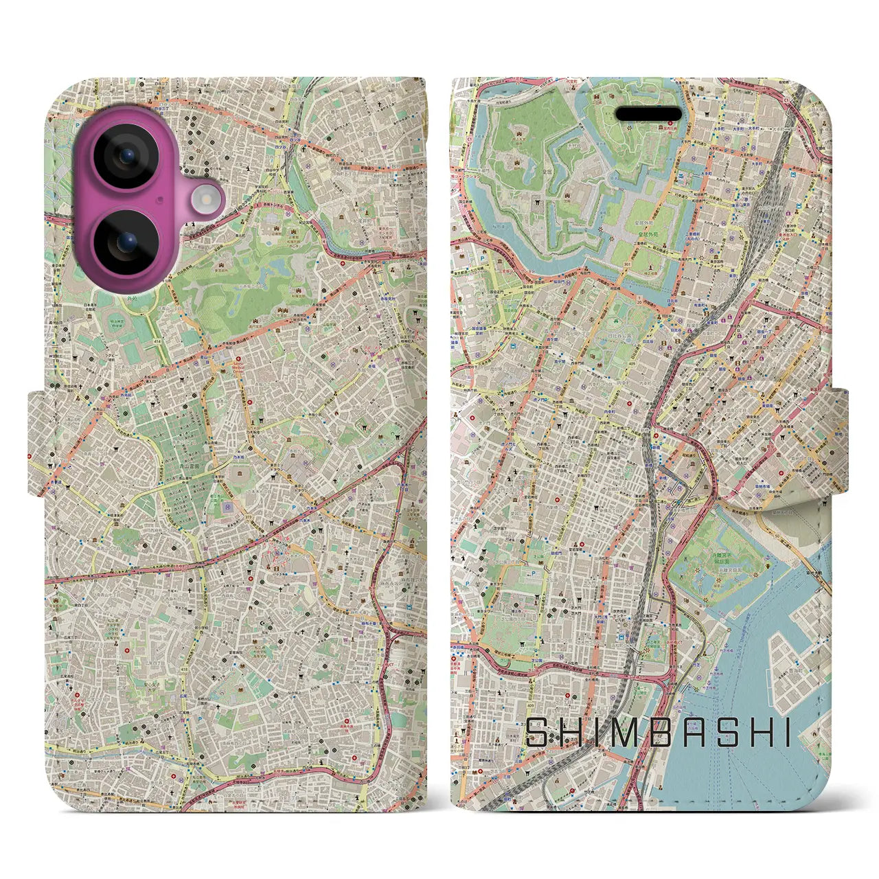 【新橋（東京都）】地図柄iPhoneケース（手帳タイプ）ナチュラル・iPhone 16 Pro 用