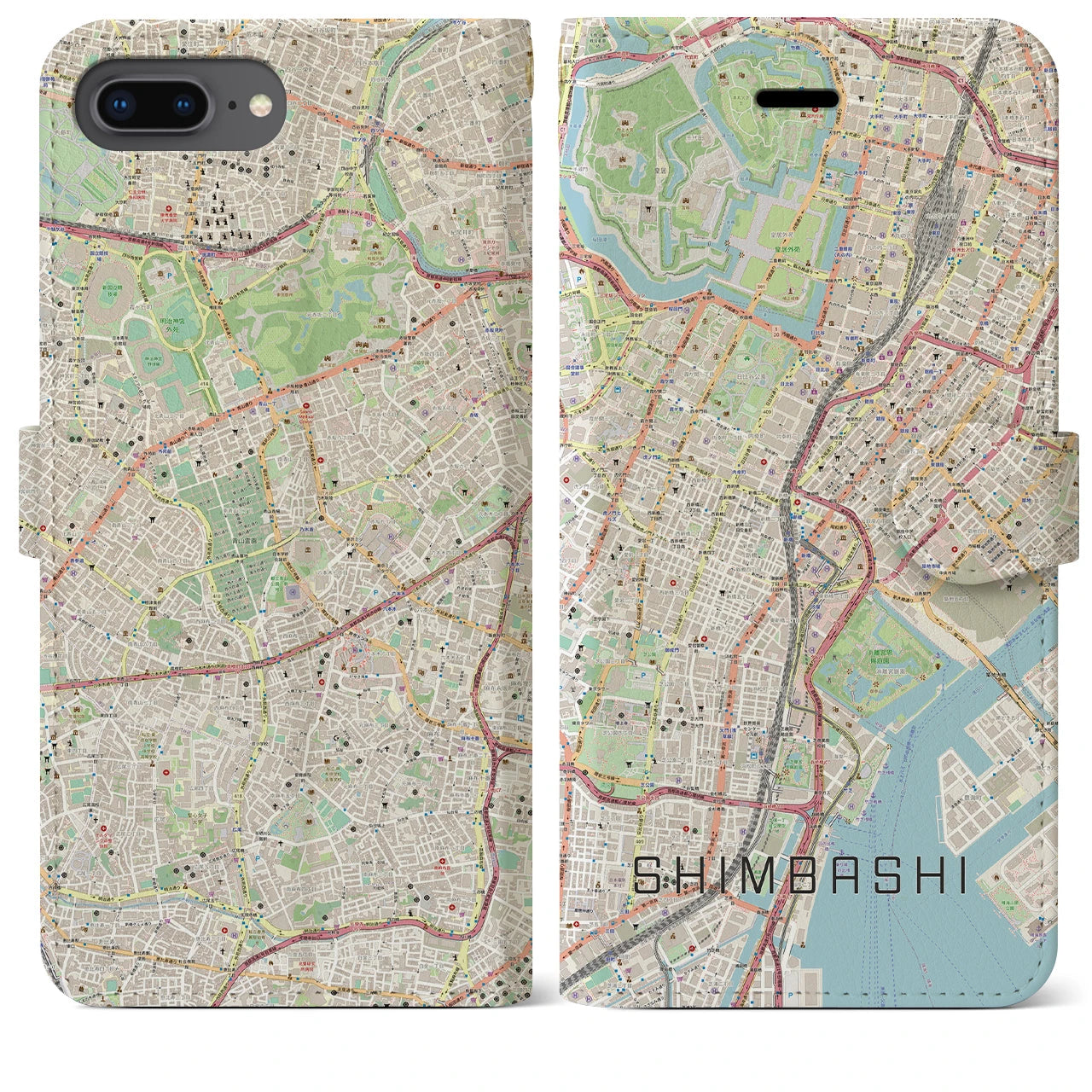 【新橋】地図柄iPhoneケース（手帳両面タイプ・ナチュラル）iPhone 8Plus /7Plus / 6sPlus / 6Plus 用