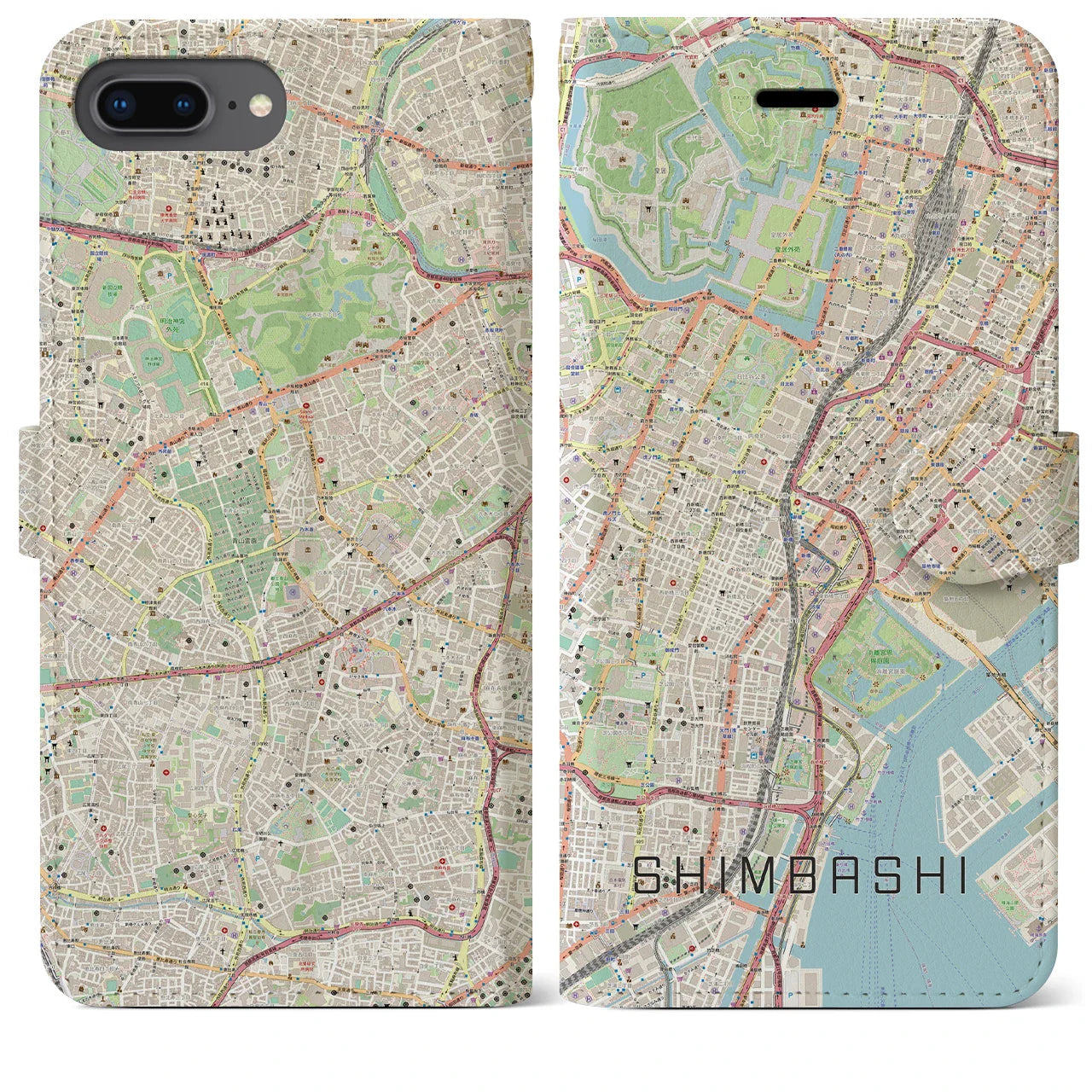 【新橋（東京都）】地図柄iPhoneケース（手帳タイプ）ナチュラル・iPhone 8Plus /7Plus / 6sPlus / 6Plus 用