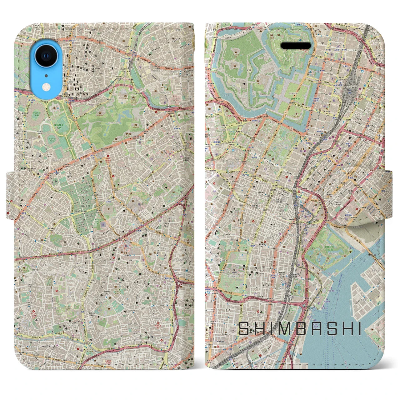 【新橋（東京都）】地図柄iPhoneケース（手帳タイプ）ナチュラル・iPhone XR 用